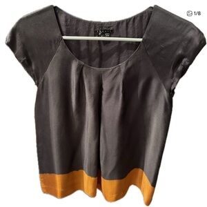 Theory black and orange silk blouse with cap sleeves